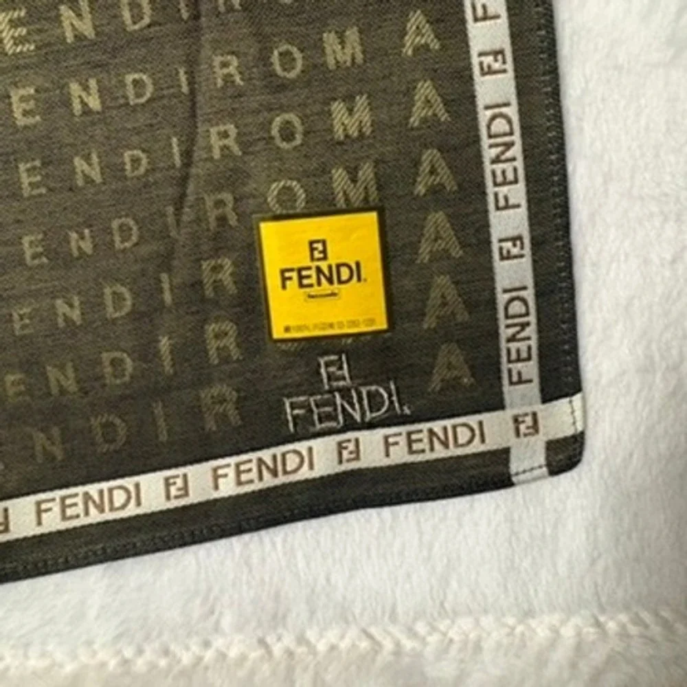 Vtg FENDI Scarf Handkerchief Monogram Olive Green Brown 19.5